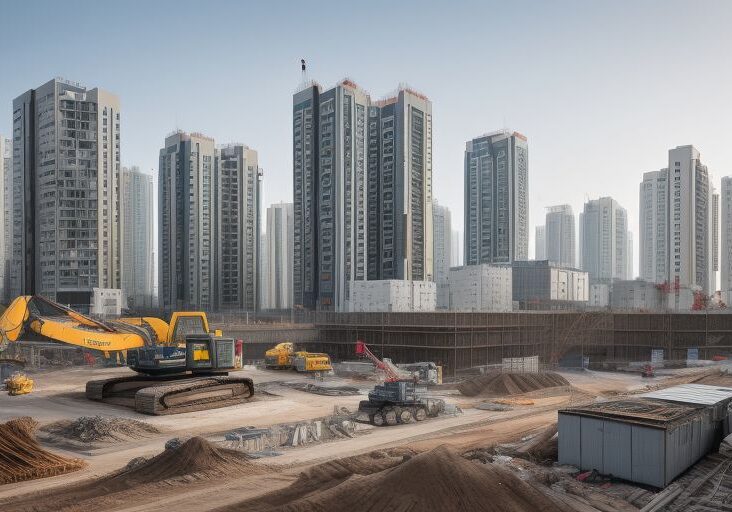 A large-scale construction site in the UAE showcasing advanced machinery, cranes, scaffolding, and innovative building techniques under a modern urban skyline.

