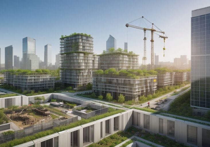 A sustainable construction site featuring a modern green building with solar panels, vertical gardens, and advanced machinery under a clear urban skyline.